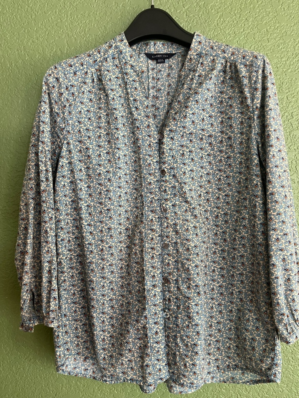 Lands End Floral Long Sleeve Button Up Pleated High Low Blouse